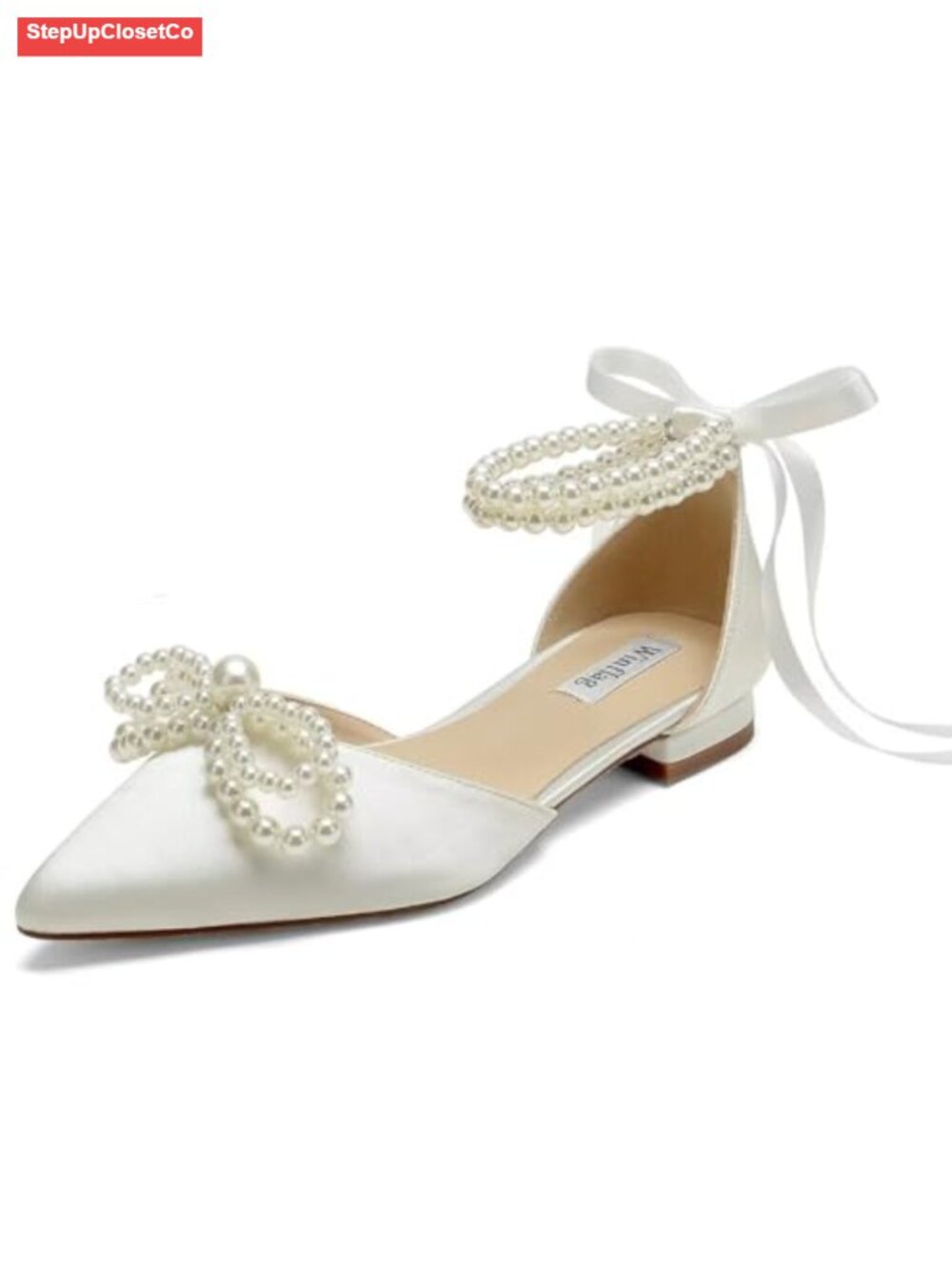 Satin Pearl Bow Flats Wedding Bridal Shoes Pointed Toe Flat Heel